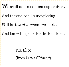 Text Box: We shall not cease from exploration.
And the end of all our exploring
Will be to arrive where we started
And know the place for the first time.
T.S. Eliot
(from Little Gidding)